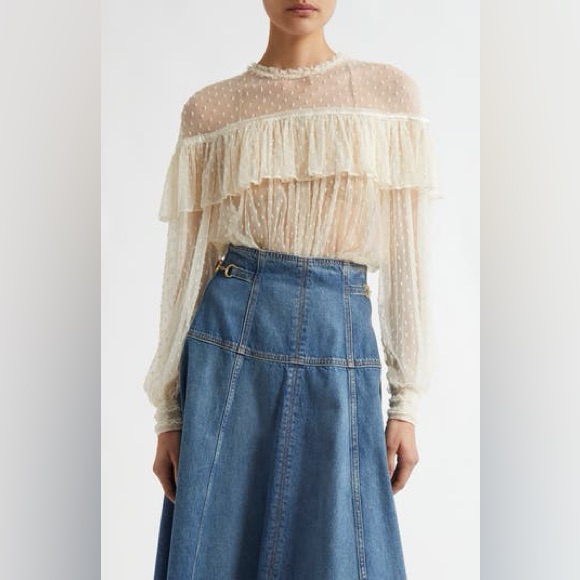 Nwt $690 Ulla Johnson Anelise Ruffle Sheer Lace Top